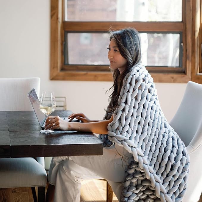 Nuzzie Chunky Knit Weighted Blanket - Breathable, Cooling, Hand Made Knit Throw Blanket for Sleep - Machine Washable, Stylish Design (Misty Grey, Queen | 22lbs | 60"x80")