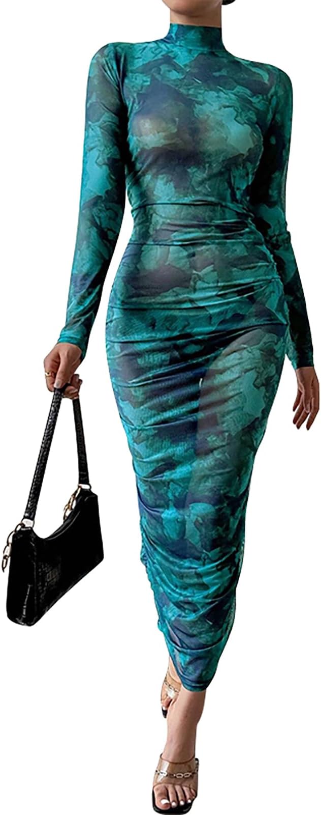 Kasopp Women’s Sheer Mesh Sexy Bodycon Long Sleeve Ruched Maxi Dress Printed Slim Fit Party Club Dresses