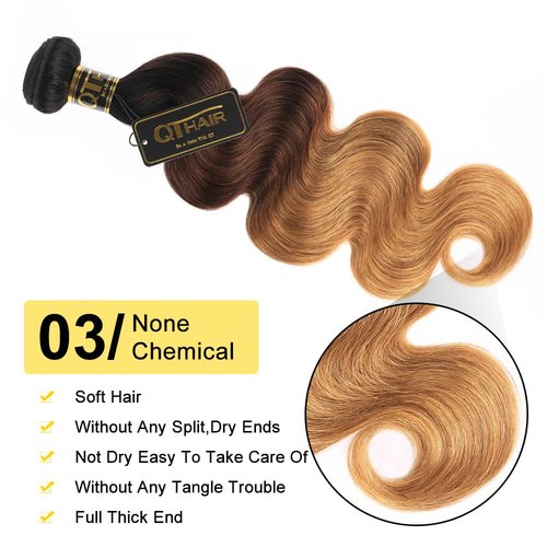 QTHAIR 16A Grade Ombre Body Wave Human Hair Bundles #1b/4/27 Color 24" 100g 100% Brazilian Body Wave Bundles Human Hair Extensions for Black Women
