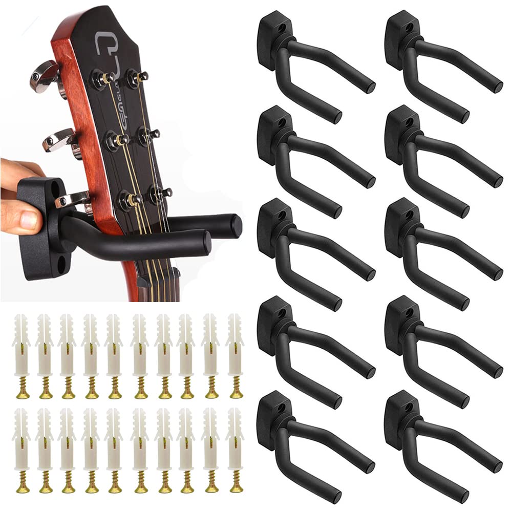 Gisedkle 10pcs Guitar Hangers, Bass Stand Wall Mount Hanger Hooks with Screws, Ukulele Banjo Mandolin Electric Guitar Display Ho