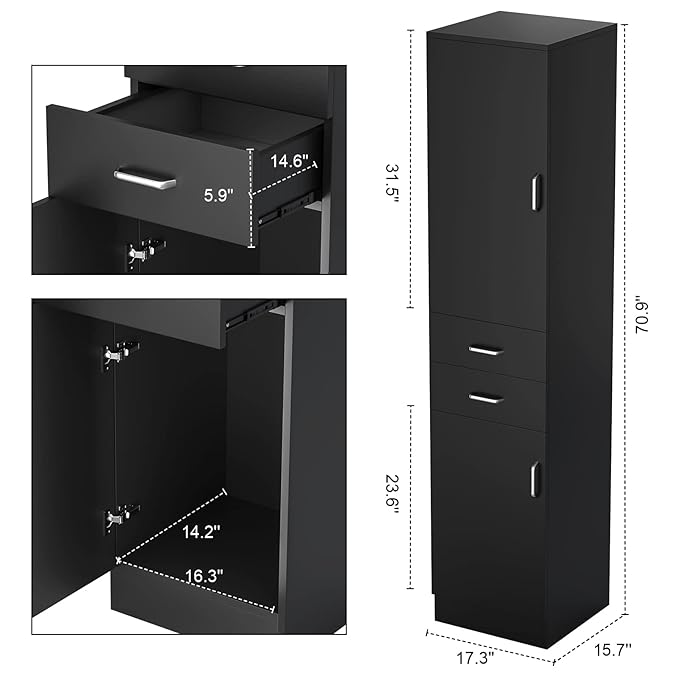 Paddie Wall Mount Barber Stations, Salon Stations for Hair Stylist, Hair Station Salon Furniture Sets with a Storage Cabinet, 2 Drawers and a 2 Tier Shelf, 17.3" L x 70.9" H