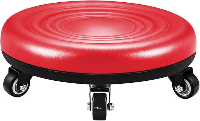 Lanstics Low Rolling Stool with Wheels PU Leather Roller Seat Wheel Stool Chair Round Rolling Seat Stool with Universal Wheels for Home Office Fitness (Red)