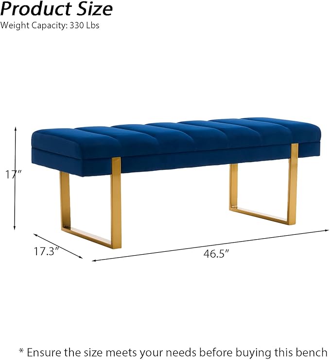 AIITTCC Velvet Ottoman Bedroom Bench, 46.5" Tufted Padded End of Bed Bench with Gold Legs, Upholstered Shoe Bench for Living Room Entryway Window (Navy Blue, 46" Wide)