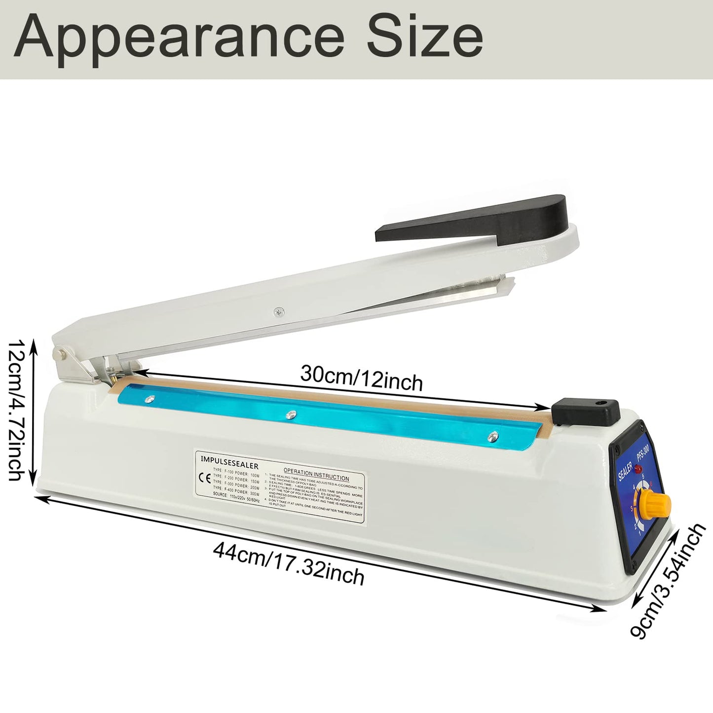 Impulse Heat Sealer 12 Inch 5mm Mylar Bag Sealer, Iron Shell Sealer, Plastic Bag Sealer Machine, with 4 Replacements Kit (2 Cutting Lines Included)