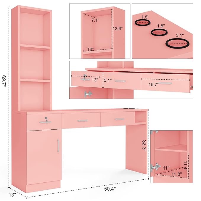 Paddie Barber Salon Station Wall Mount Hair Styling Salon Equipment Set Beauty Spa Furniture Set, Lockable Left Shelf, Mirror not Included (Rose Pink)
