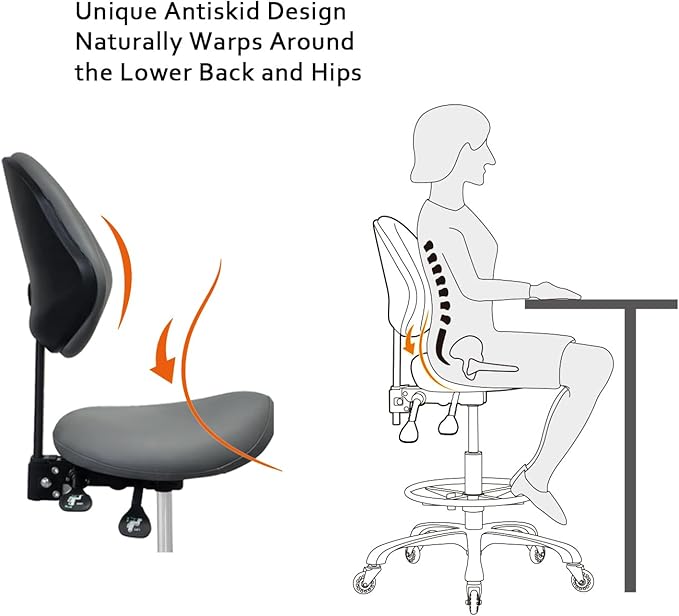 Saddle Stool Chair with Back Support Footrest, Heavy-Duty(350LBS), Hydraulic Rolling Swivel Adjustable Stool Chair for Salon Spa Beauty Massage Dental Clinic Home Office Use(Grey)