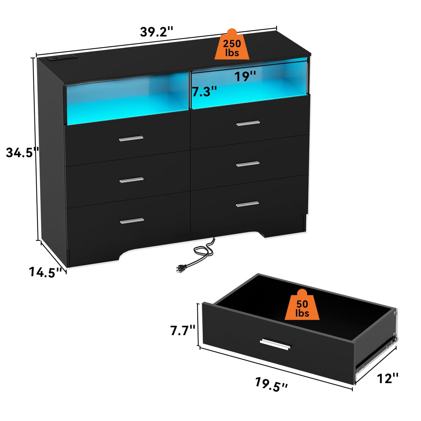 FJTJBSI Dresser with Power Outlets and LED Lights Wooden 6 Drawer Dresser with Large Organizer Tall Black Drawer for Bedroom Modern Chest of Drawers Closet for Living Room Kids Room