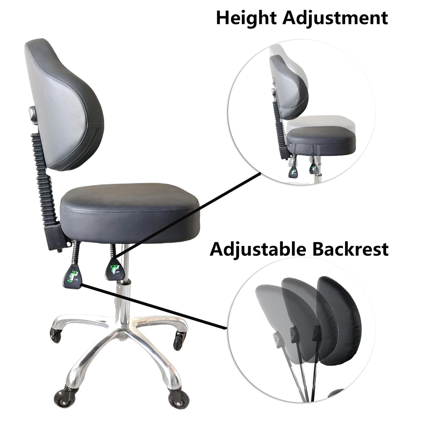 Cadiario Rolling Stool Heavy Duty Super Soft Seat Cushion 360°Swivel Supported Backrest Adjustable Height Upgraded Salon Stool Chair,Tattoo Facial Massage Spa Medical Home Office Black