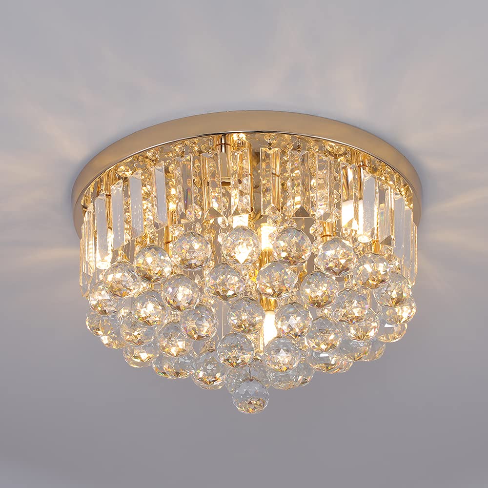 Gopmmy Mini Crystal Chandelier Ceiling Light,Flush Mount Modern Round K9 Crystal Raindrop Ceiling Lighting Fixture for Dining Room Bedroom Hallway Height 11''x Width 16''(French Gold)