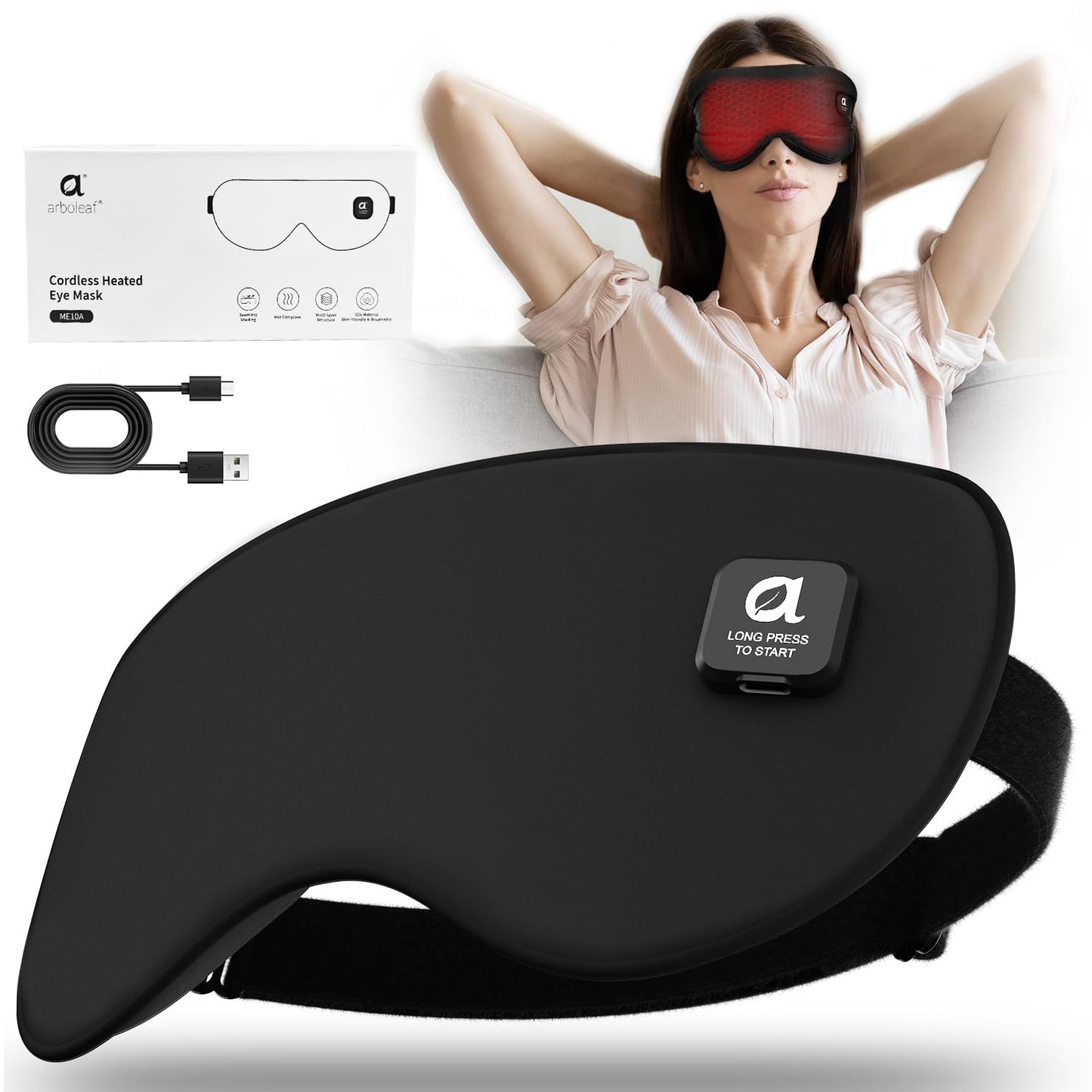 arboleaf Heated Eye Mask for Dry Eyes, Cordless Rechargeable Warm Eye Compress, Temperature Control, Light Blocking, Washable Cover & Travel, 1000mAh Rechargeable Battery