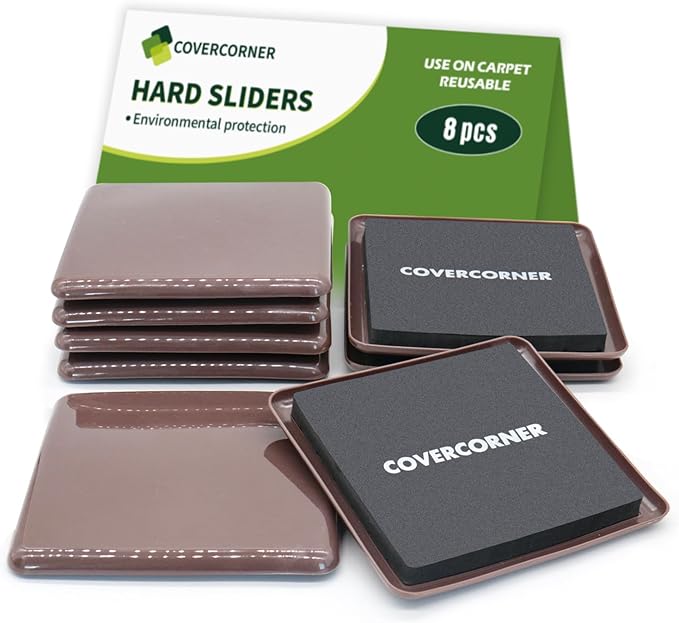 COVERCORNER Furniture Sliders for Carpet 8 PCS - 5 inch Furniture Moving Slider Chair Legs Floors Protectors Square Furniture Movers Sliders – Move Your Furniture Easy & Safely(for Carpet)-Brown
