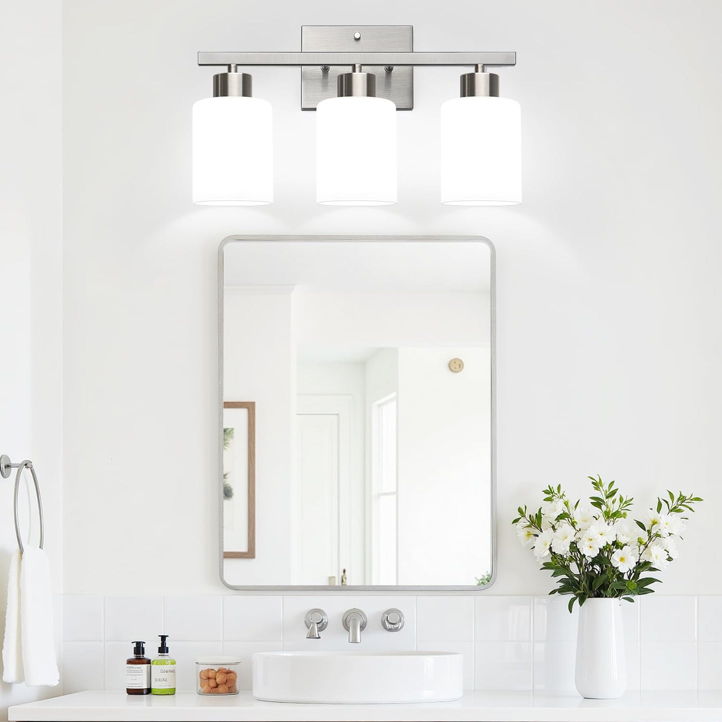 Brushed Nickel Bathroom Light Fixtures with Milk Glass Shades, Eye-Friendly 3 Light Vanity Lights for Bathroom, Vanity Lights with E26 Socket, for Mirror, Living Room, Bedroom, Hallway