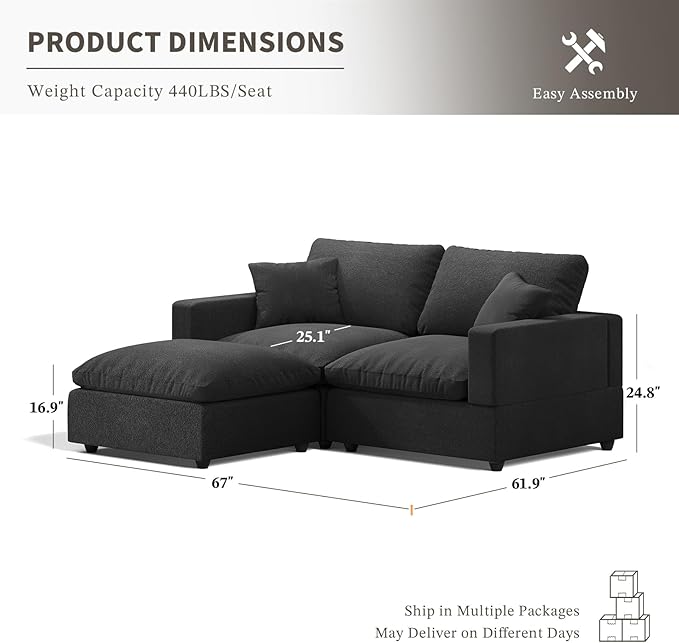 Modular Sectional Sofa Cloud Couch for Living Room, Modern Minimalist Comfy Deep Sofa Couches, Upholstered Couch with Removable & Washable Cushion Covers, Wide Armrest, Filled with Down and Cotton