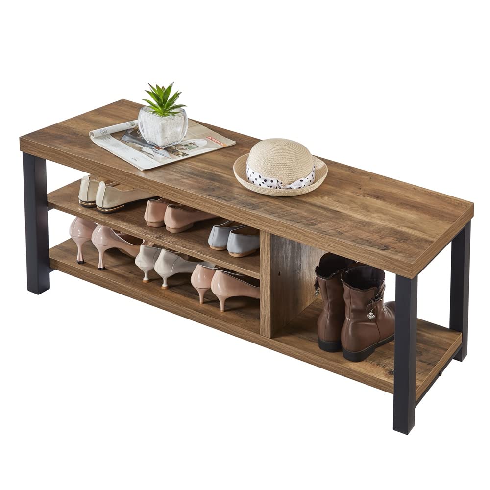 FOLUBAN Shoe Bench for Entryway, Wood and Metal Indoor Bench with Shoe Storage and Seating for Bedroom, Hallway, Living Room, Rustic Oak, 43.3 Inch