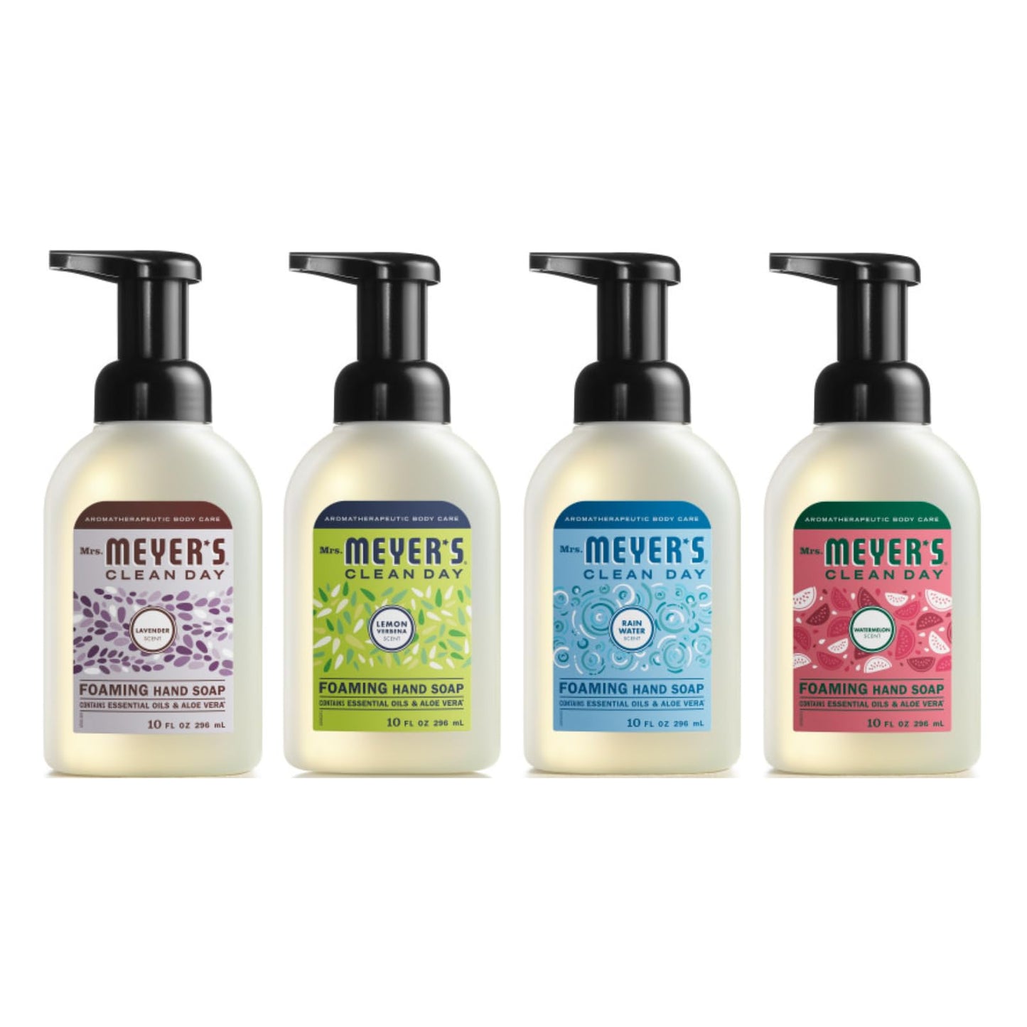 MRS. MEYER'S CLEAN DAY Foaming Hand Soap 4 Scent Variety Pack, 1 Rain Water, 1 Lavender, 1 Lemon Verbena, 1 Watermelon, 10 OZ Ea