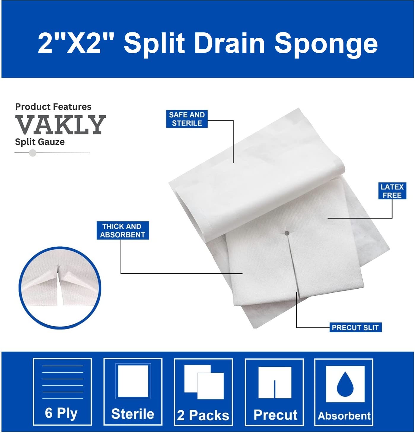 Vakly Split Drain Sponge Gauze 2x2 Sterile 6 Ply Pads [Pack of 70] Absorbent Precut 2"X2" Non-Woven Slit Bandage for I.V. Tracheostomy - 35 Packs of 2 Pre Cut Bandages + 1 Roll of Medical Tape