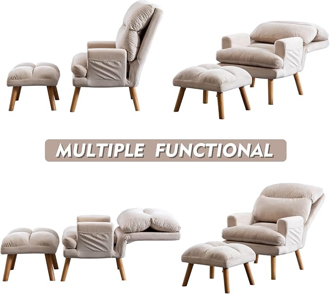 CANMOV Modern Accent Chair with Ottoman Set of 2, Soft Fabric Armchair with Adjustable Backrest and Side Pockets, Comfy Lounge Chair for Living Room, Bedroom, Apartment, Office, Beige