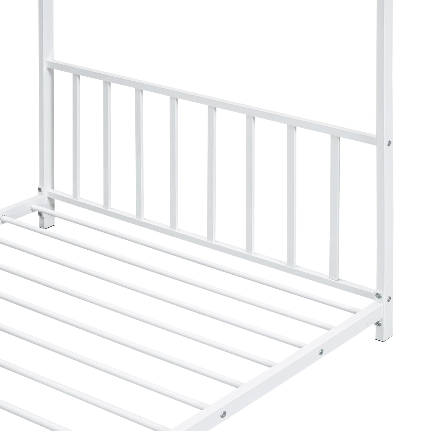 Twin Size Kids Montessori Floor Bed,House Bed Frame with High Headboard,Twin Floor Bed with Roof for Boys Girls,Floor Bed Metal Frame (White)