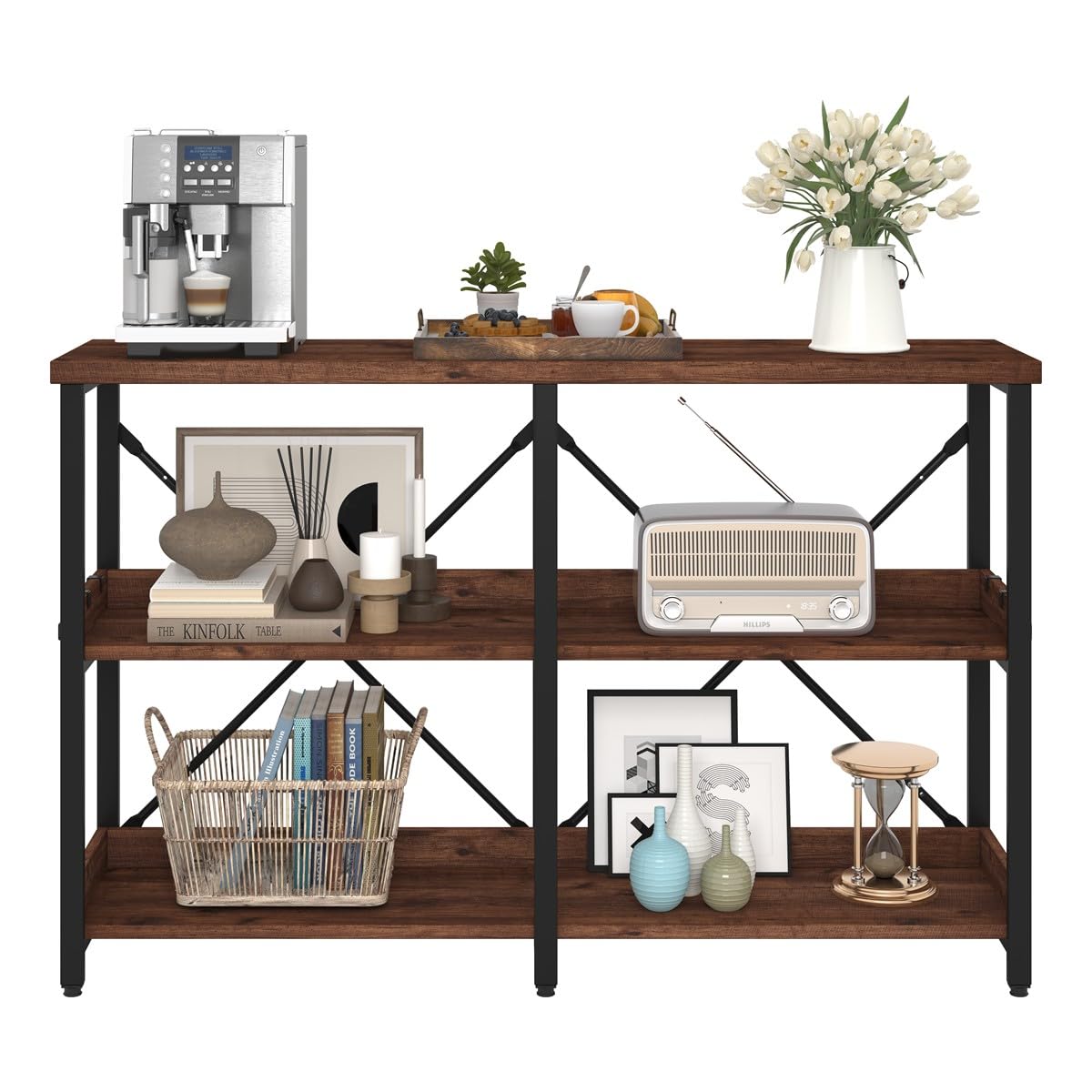 BON AUGURE Rustic Console Table with Shelves, 3 Tier Sofa Table Behind Couch for Living Room, Wood Metal Entryway Tables for Hallway, Foyer, Entrance (47 Inch, Rustic Oak)
