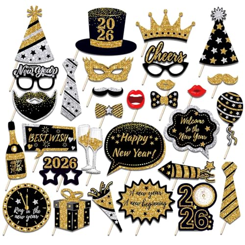 WEIKA, New Years Photo Booth Props 2026 - Huge, Pack of 30 | New Years Eve Photo Booth Props 2026 (Black Gold)
