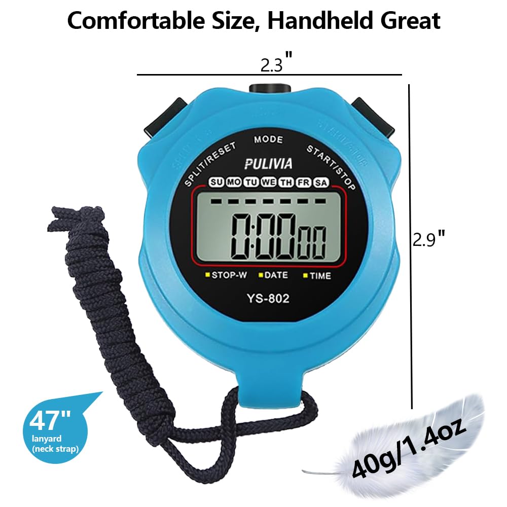 PULIVIA Sports Stopwatch Timer, Single Lap Split Digital Stop Watch for Sports Kids Coaches Swimming Running, Blue