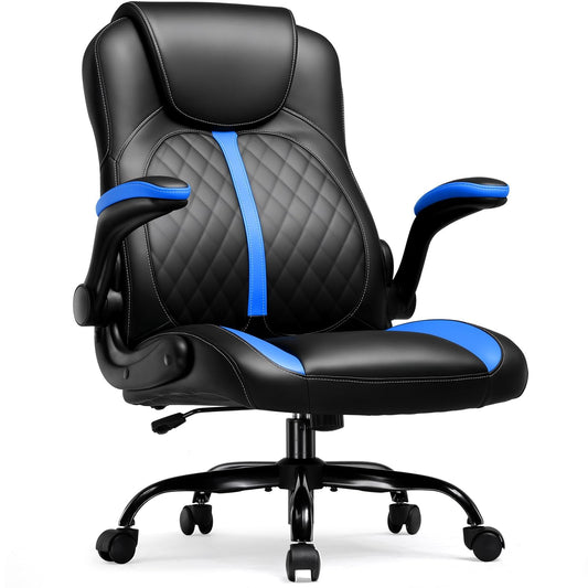 COMHOMA Office Computer Gaming Chair Ergonomic Desk Chair for Adults with Lumbar Support Flip-Up Arms Adjustable Height Swivel Wheels PU Leather Executive Design for Short People Use, Blue
