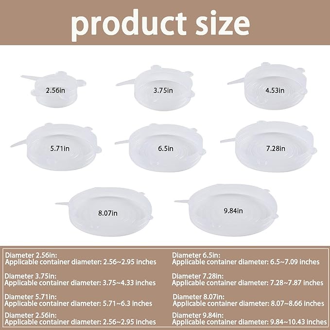 6 Pcs Silicone Stretch Lids Reusable and Durable Silicone Container Covers for Food Storage Expandable Bowl Covers Dishwasher & Freezer Safe (8.07in)