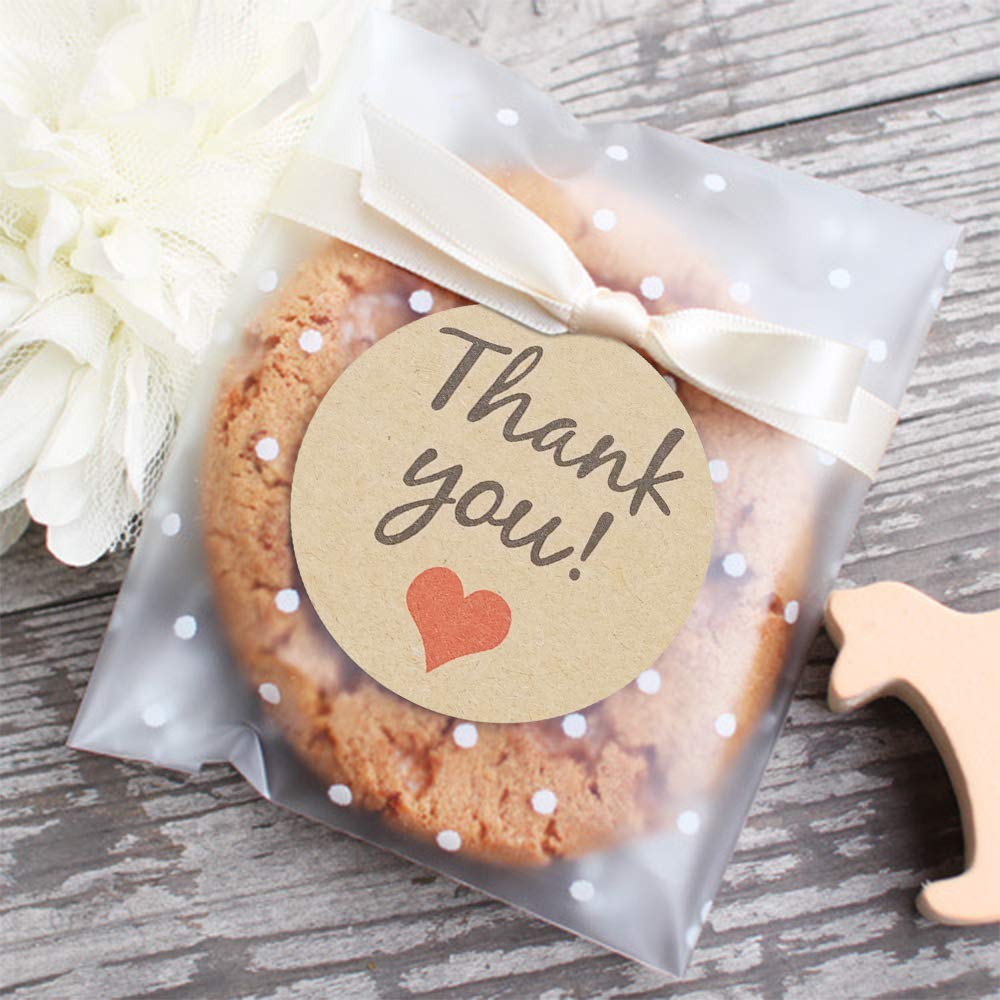 FLYTT Self Adhesive Cookie Bags, White Polka Dot Individual Resealable Cellophane Treat Bags with Thank You Stickers for Gift Giving (3.9''x3.9'', 100 Pcs)