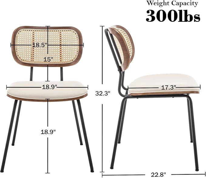 HOCEWI Rattan Dining Chairs Set of 2, Mid Century Modern Dining Chairs with Cane Back for Kitchen Dining Room, 19 Inch Faux Leather Beige