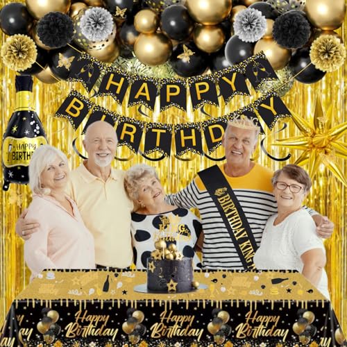 Black and Gold Birthday Decorations for Men Boy, 100pcs Black and Gold Party Decorations with Happy Birthday Banner, Ballo...