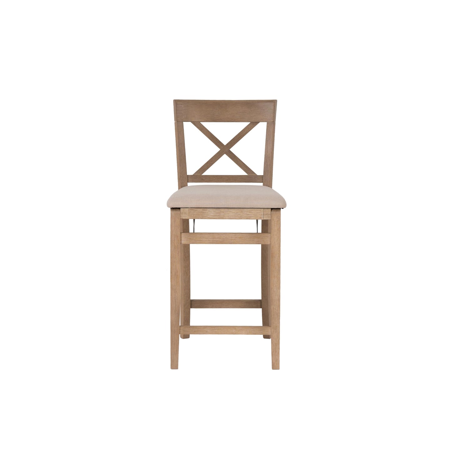 Linon Triena X Back Neutral Greywash Wooden Fully Assembled Folding 24 Inch Seat Height Counter Stool with Beige Upholstered Seat