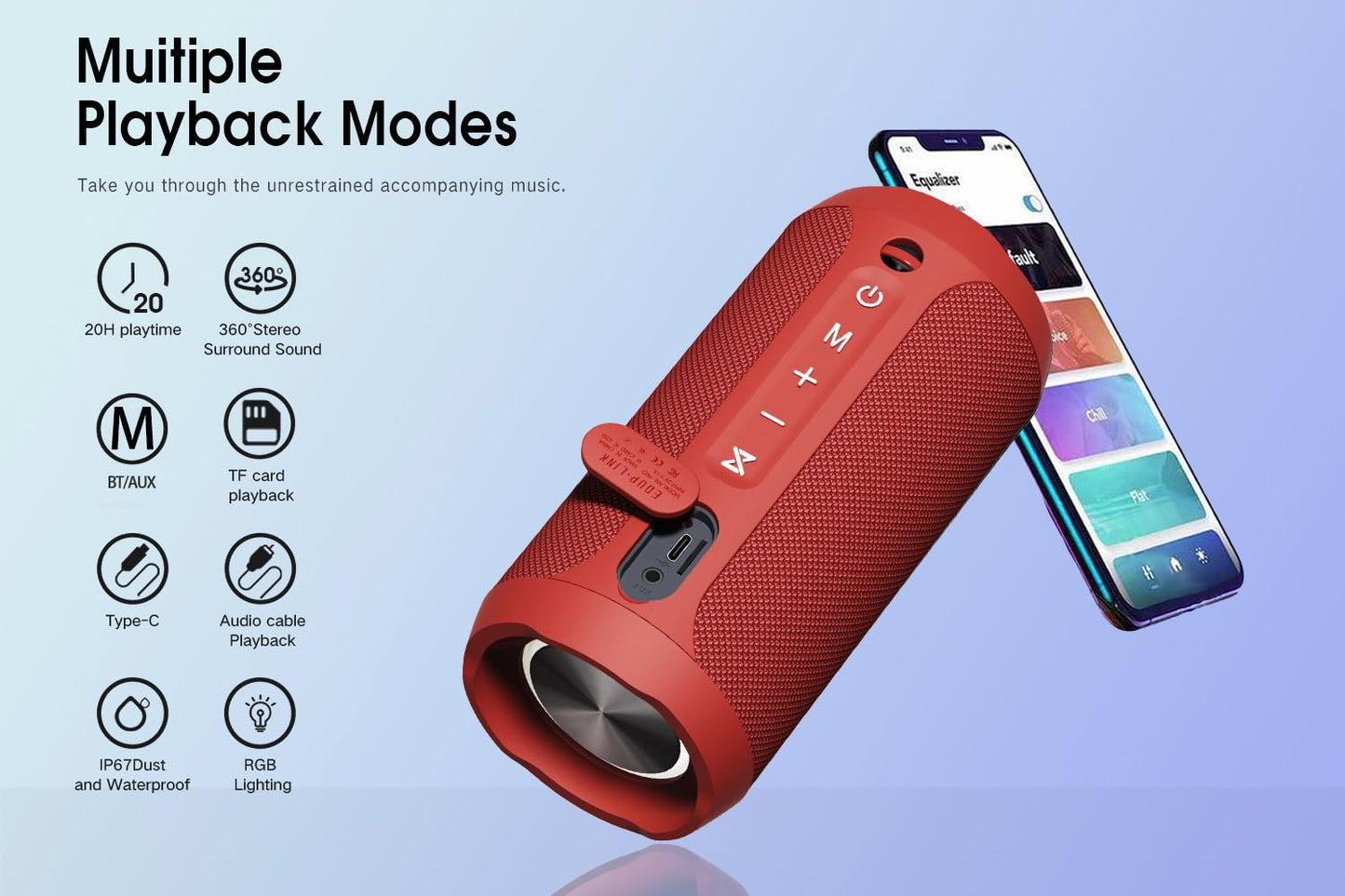 EDUPLINK Bluetooth Speaker, Portable Wireless Speakers, Waterproof IPX7 Speaker, TWS Pairing Stereo, Long Playtime for Home, Travel, Red