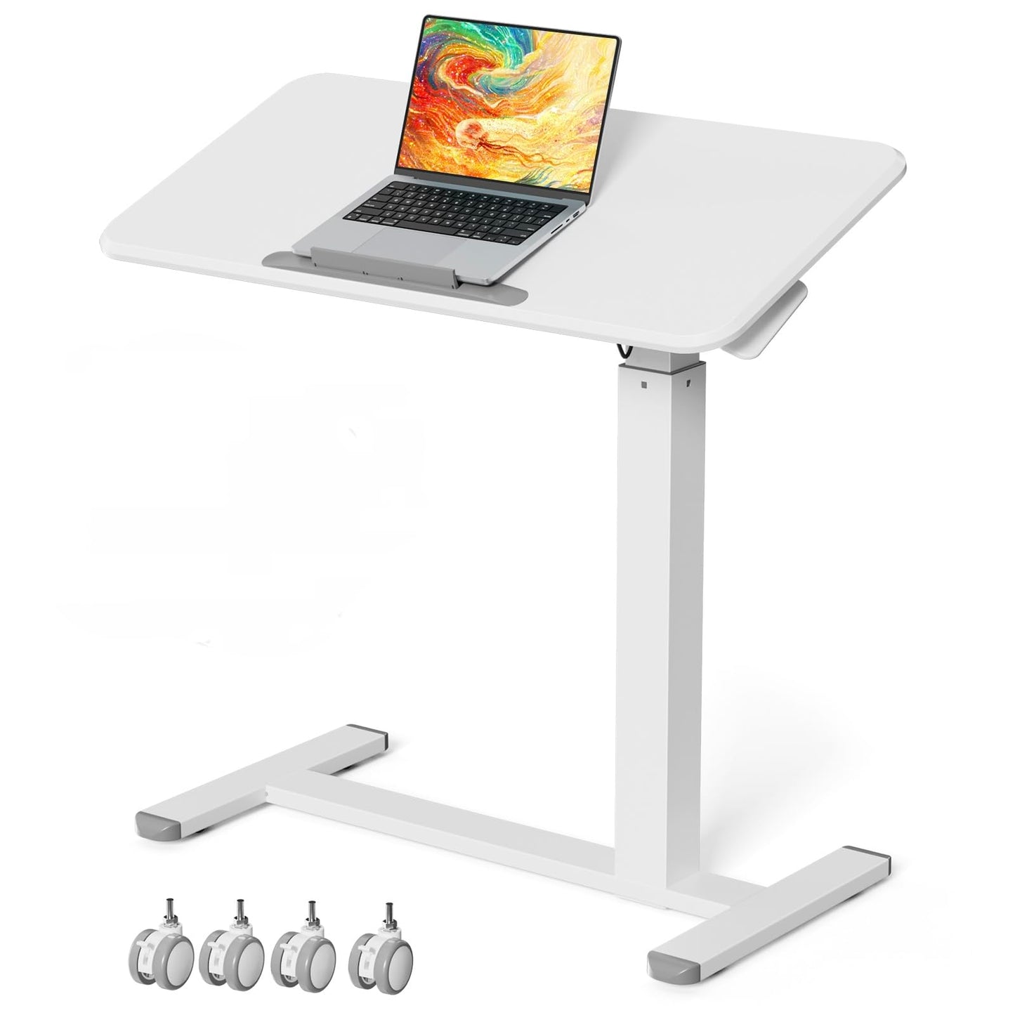 JYLH JOYSEEKER Mobile Standing Desk, Height Adjustable Left/Right Overbed Bedside Table, 90° Tiltable Portable Laptop Desk with Wheels, Foldable Computer Cart for Hospital Home Use, White