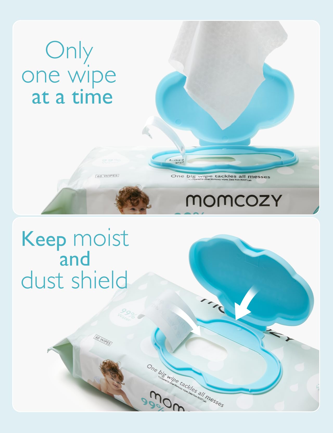 Momcozy Baby Wipes-Extra Large Size Design, 99% Water Based, Unscented & Hypoallergenic, Cleansing & Moisturizing Baby Wipes for Sensitive Skin, 12 Flip-Top Packs (720 Wipes Total)