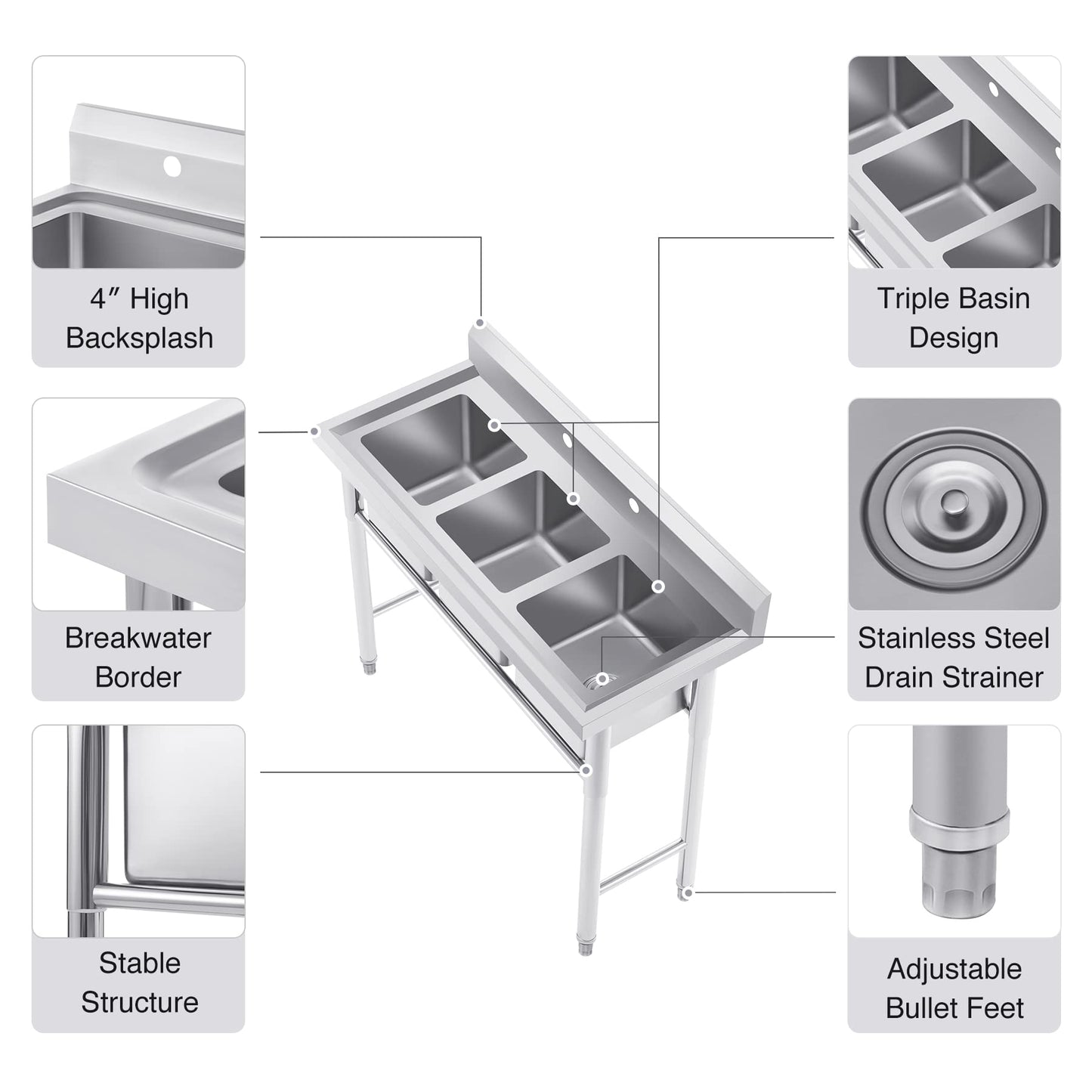 WILPREP NSF Stainless Steel 3 Compartment Commercial Sink 11x10x10 Inch Basins, Kitche Station Utility Sink for Restaurant Bar Home Laundry Room Garage