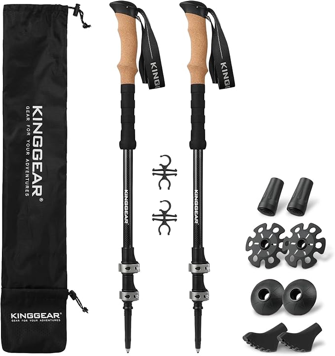 KINGGEAR TPC-3K 100% Carbon Fiber Trekking Poles for Hiking - Ultralight Collapsible Hiking Poles with Cork & EVA Foam Gri...