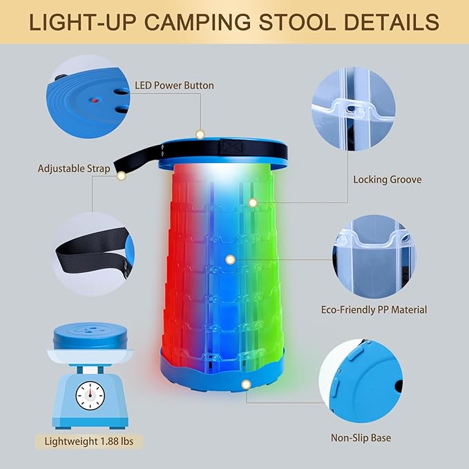 JSSTEM LED Telescoping Camping Stool, Lightweight Collapsible Portable Seat with Built-in Light for Camping, Fishing, BBQ, Hiking & Music Festivals, RGB Flash