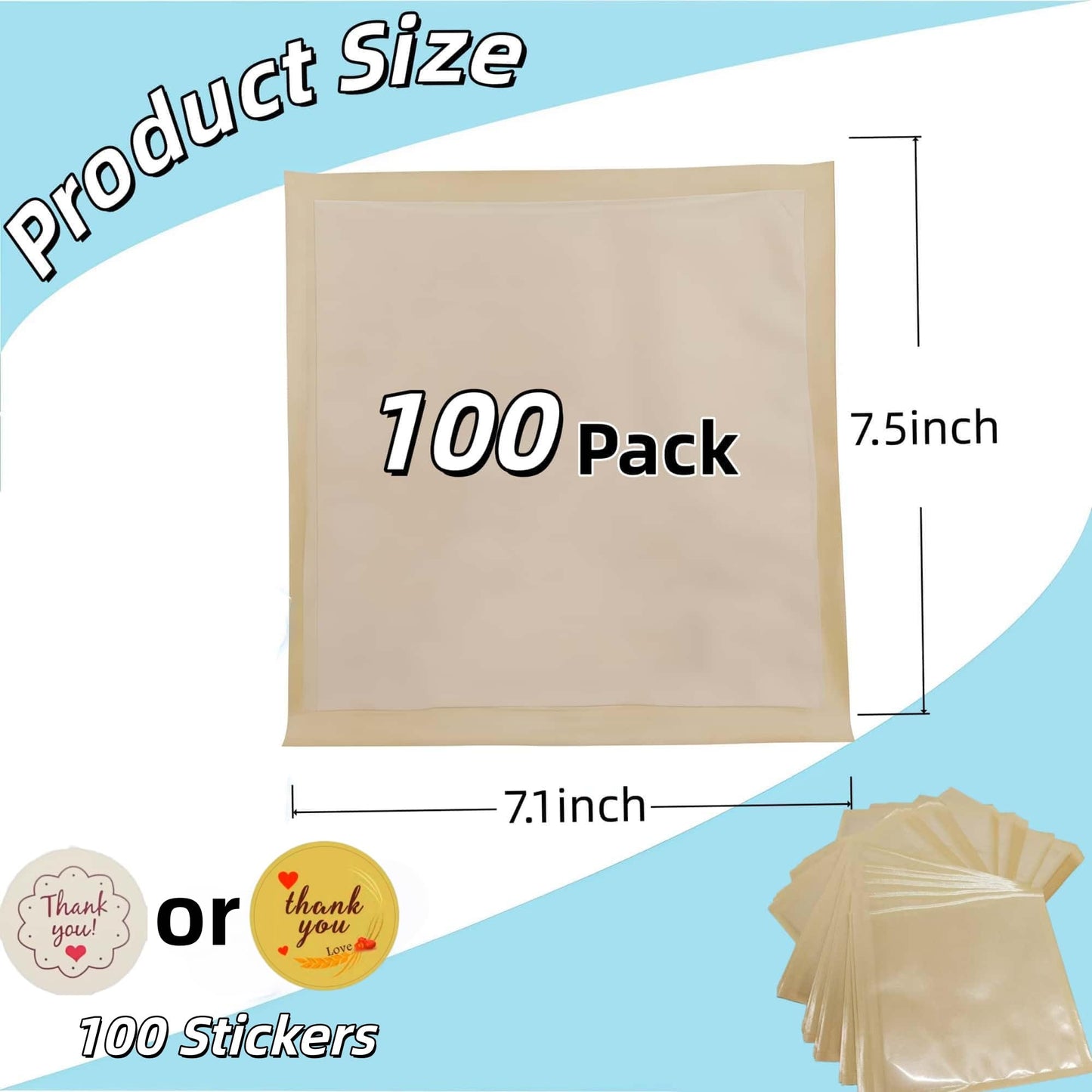 ARREBOL 100 Pack 7.1x7.5 Inch Cookie Bags with Window & Stickers for Packaging, Sealable Grease Resistant Small Brown Paper Bakery Bags for Bread