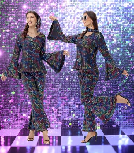 70s Disco Costume for Women - 1970s Disco Outfit with Wig, Earrings, glasses, Necklace, Headband, Sequin Top & Bell Bottoms