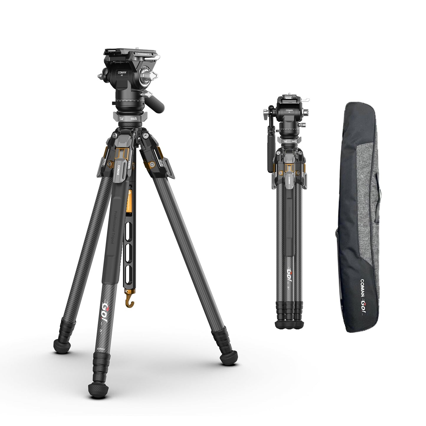COMAN T1SV5 One-Snap Release Carbon Fiber Tripod, 63" Adjustable Professional Tripod for Camera, Heavy Duty Camera Tripod with V5 Fluid Head for Canon Nikon DSLR Telescope, Max Load 22 LB