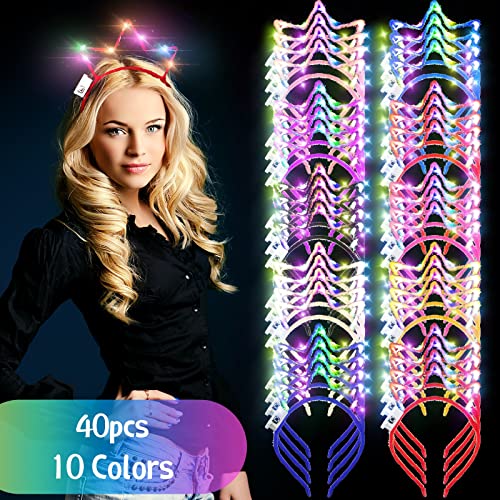 WILLBOND 40 Pcs Light up Crown Headband LED Glow Crown Headband Hair Accessories for Birthday Festival Concert Party Costume