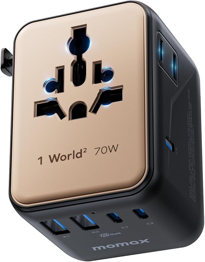 MOMAX Mini 7-in-1 Universal Travel Adapter, GaN 70W Dual AC, 3 USB-C PD & 2 USB-A QC, International Power Charger for 200+ Countries – Compact Travel Adapter for Laptop, Phone, UK/AUS/EU/JP Plug