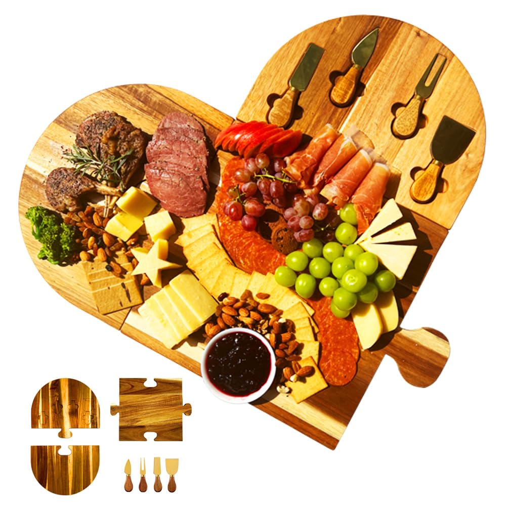 Large Charcuterie Board Set - 3 Pieces with Knife Set, Premium Acacia Wood Cheese Boards, Heart Shaped Serving Tray with Gift Box, House Warming Gifts New Home, Wedding & Bridal Shower Gift