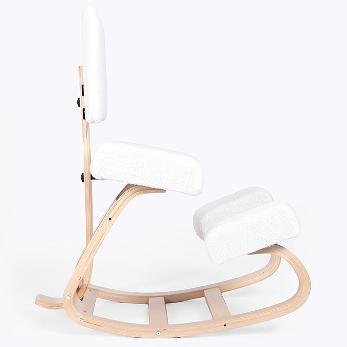 Sleekform East Austin Ergonomic Kneeling Chair with Back Support - Boucle and Wood Ergo Stool for Desk - Best Ergonomic Kneeling Office Chair for Posture and Leg Circulation