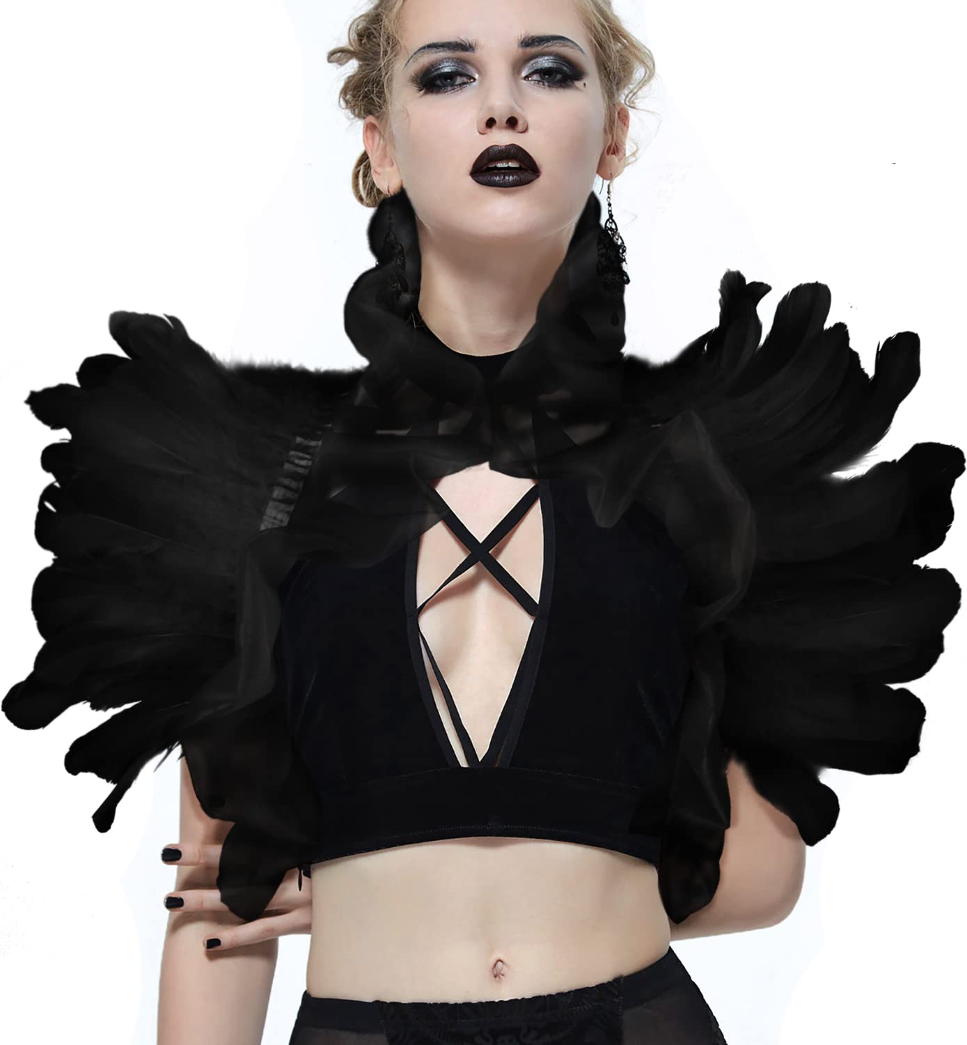 UQJE Victorian Natural Feather Shawl Shrug Shoulder Wrap Gothic Collar Costume Accessories-Black