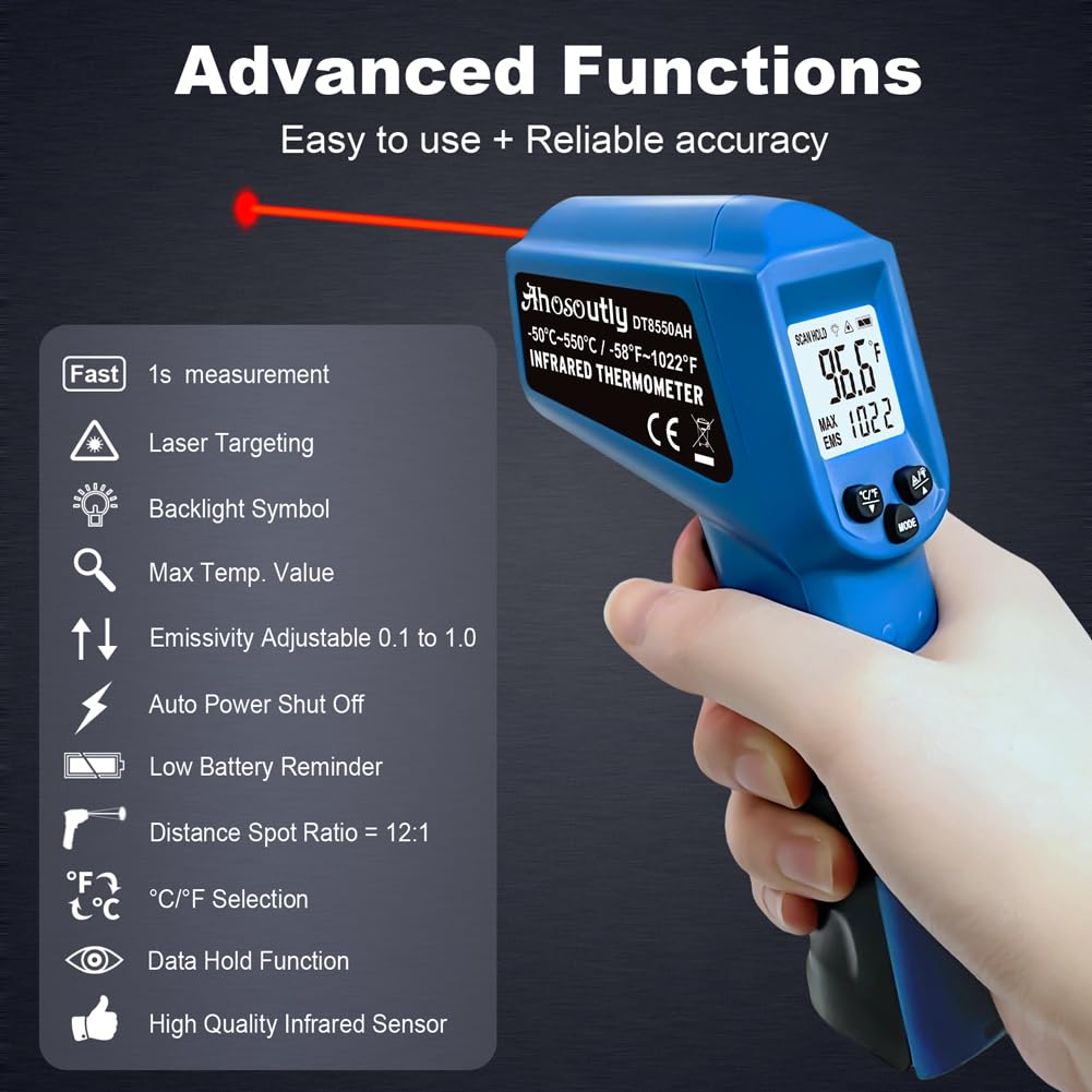 Ahosoutly Infrared Thermometer Temperature Gun - 58 ℉~1022 ℉ (- 50 ℃~550 ℃) Non-Contact Digital Laser Infrared Ir Thermometer for Cooking, Barbecue, Food, Repair (Blue)