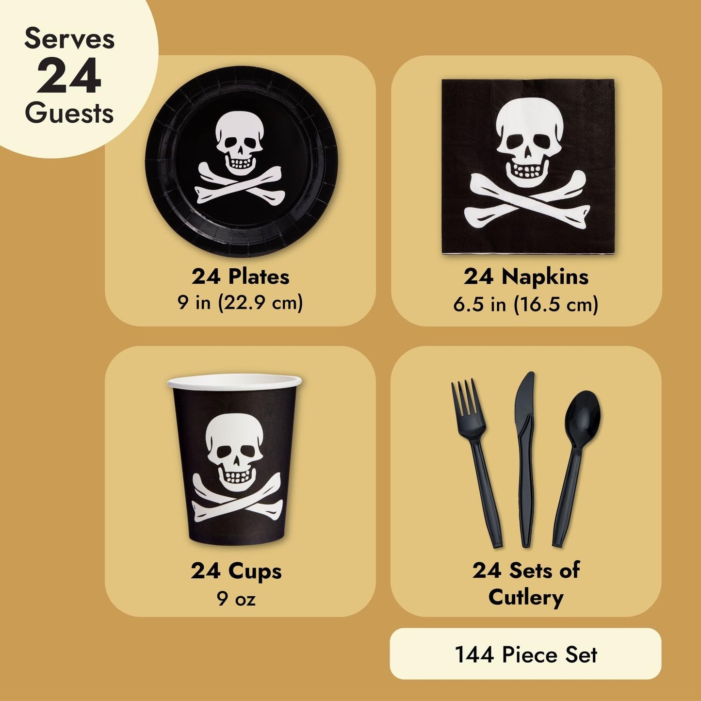 Juvale 144-Piece Skull Birthday Party Set - 24 Disposable Pirate Party Plates, Napkins, Cups & Cutlery for Birthday Decorations and Halloween Decor