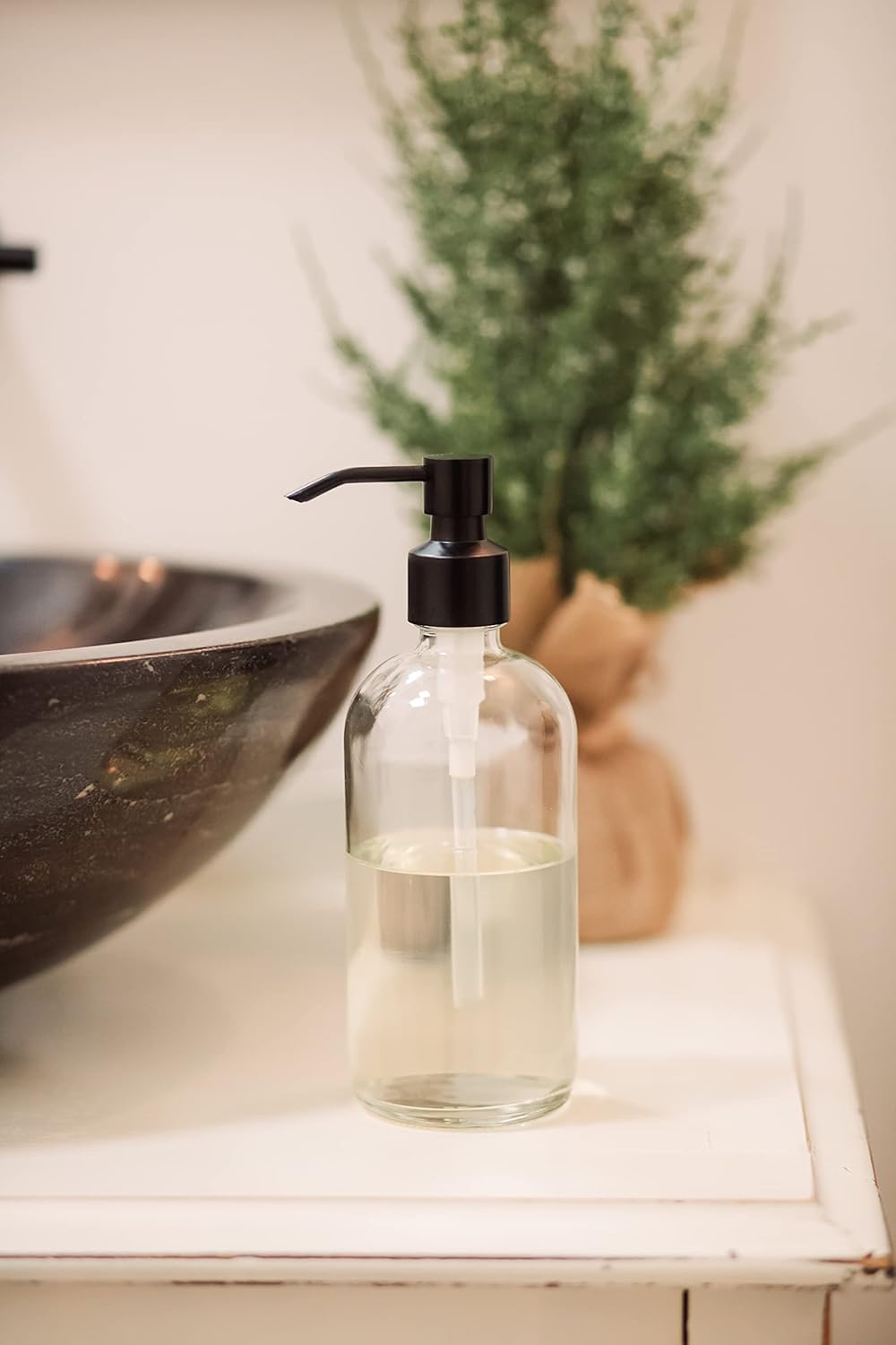 Rail19 Market Clear Glass Soap Dispenser with Metal Pump - Liquid Hand Soap & Lotion for Kitchen and Bathroom, 16oz (Cali Black)