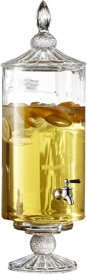 Fifth Avenue Crystal Westchester Optic Beverage Cold Drink Dispenser w/ 2-Gallon Capacity Glass Jug, Leak Proof Acrylic Sp...