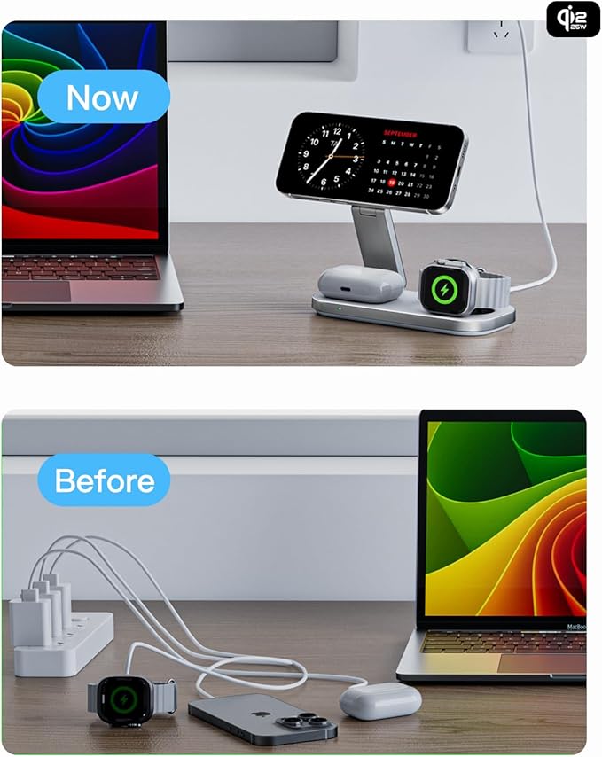 3-in-1 Charging Station for Apple Device, Qi2 25W Magnetic Wireless Foldable Fast Charger Stand Compatible with MagSafe for iPhone Air/17/16/15/14/13/12 Series, Apple Watch & AirPods
